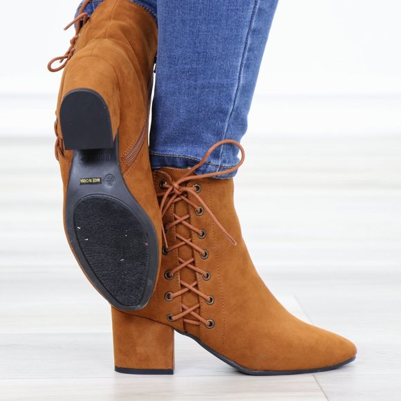 Brown Faux Suede Ankle Booties Side Laced Up - Picture 5 of 11